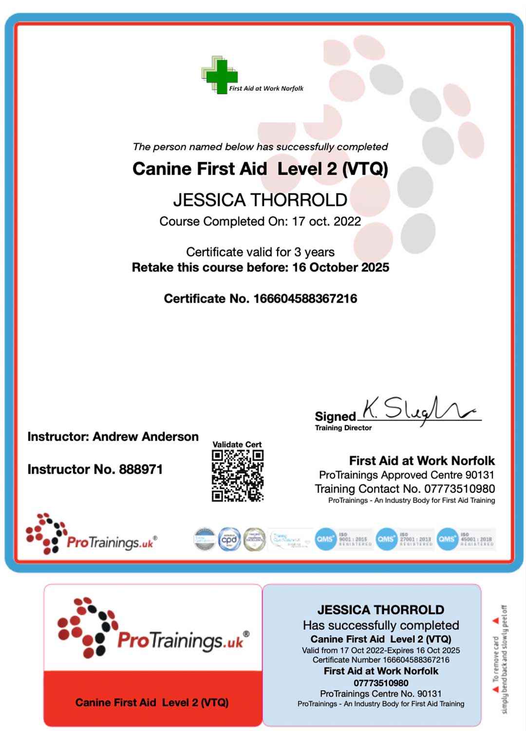 Certificate Canine First Aid Level 2